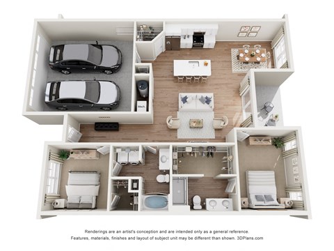 a 3d floor plan of a house with a convertible car in the living room